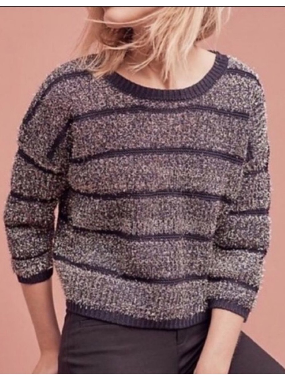 Anthropologie HWR MONOGRAM Twinkle Metallic Striped Boxy Sweater M